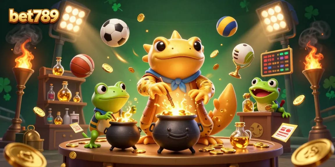Experience thrilling action at bet789 with a scene of fantasy characters amidst gold coins and sports elements.