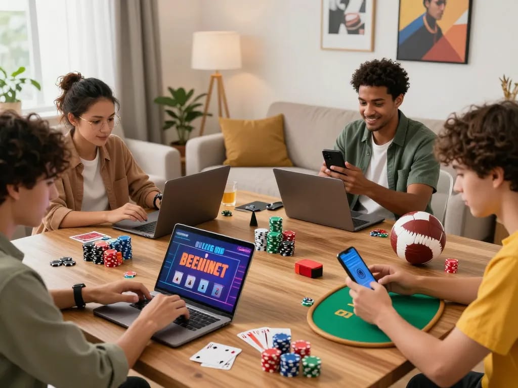 Players engaging with 8KBET online gambling platforms while enjoying a vibrant home atmosphere.