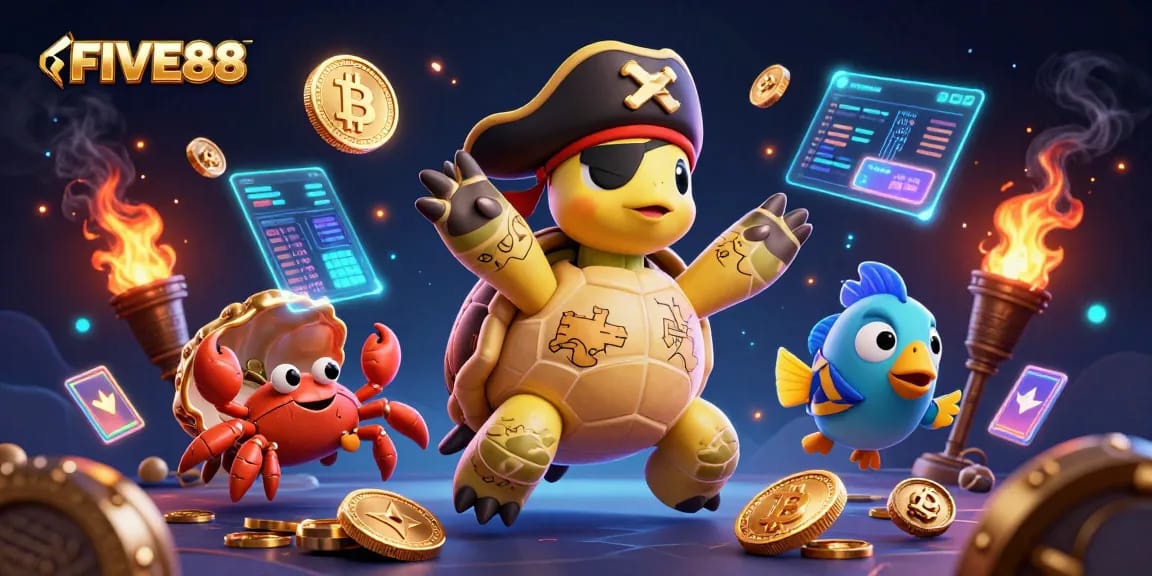 Engage with FIVE88 in a rich 3D scene featuring cartoon characters and crypto elements.