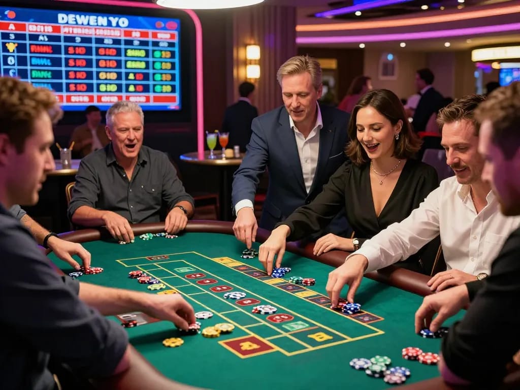 Exciting gambling scene with players at a dice table enjoying tot88 experience in a vibrant casino atmosphere.