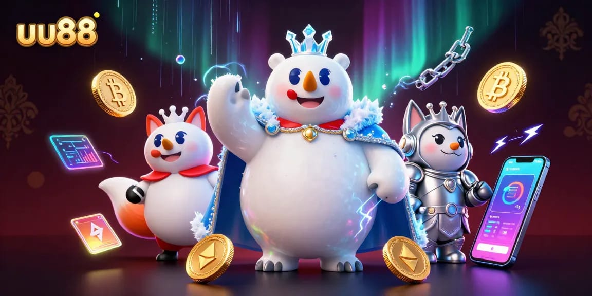 Experience uu88's thrilling casino adventures with 3D characters surrounded by crypto elements.