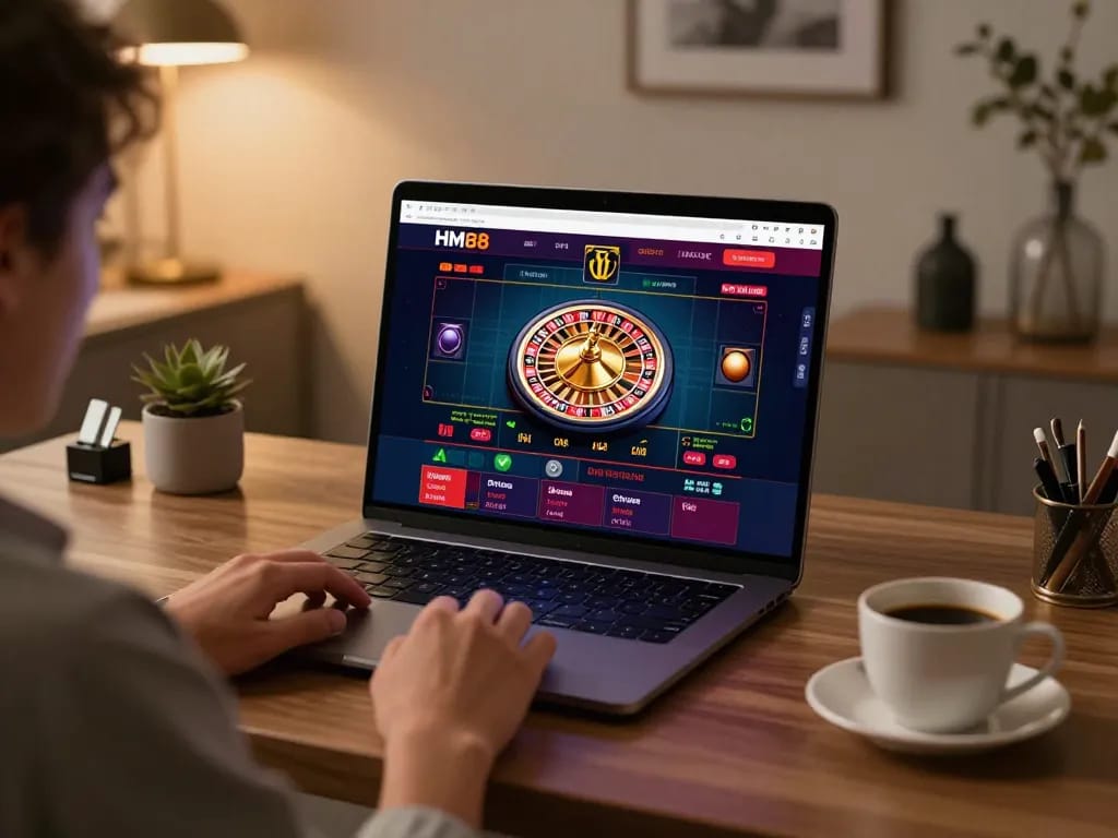 Player engaging with live dealer roulette on HM88 platform, showcasing online gaming excitement.