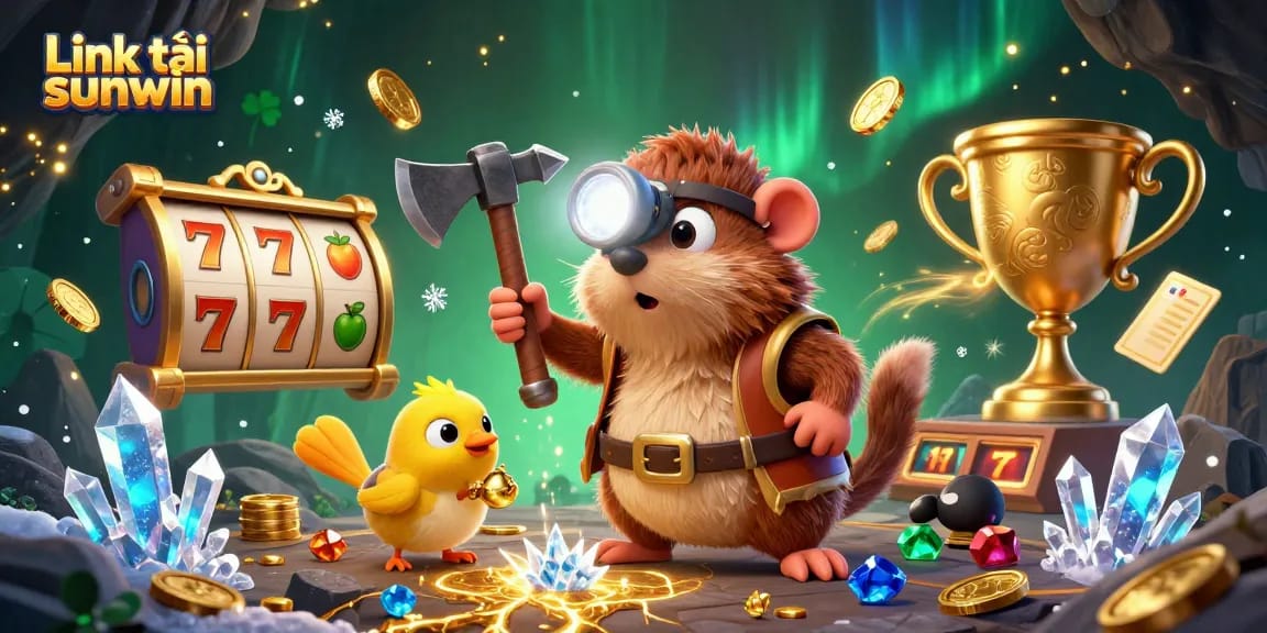 Engage with Link tải sunwin through this dynamic casino-themed illustration showcasing a treasure hunter mole and gems.
