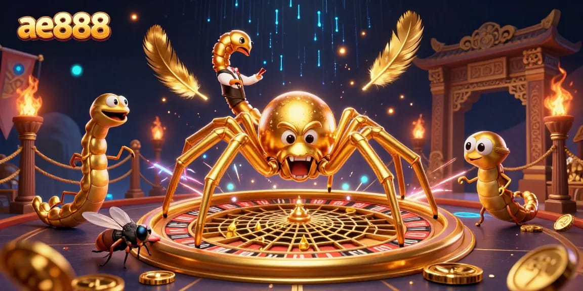 Engage in thrilling bets at AE888 with a golden roulette web, fly, and centipede croupier.
