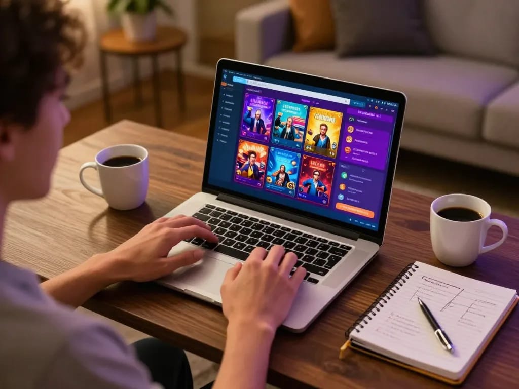 Engaged user exploring GG88 online casino games on a laptop in a cozy home office.