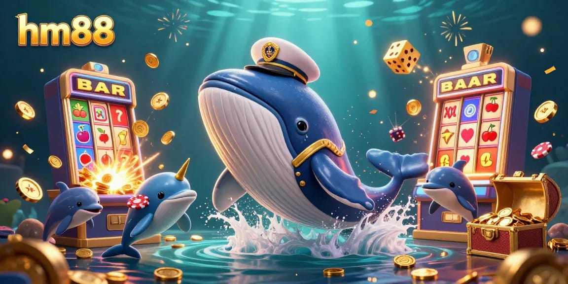 Spin the reels and win at hm88 with playful dolphins, a golden narwhal, and a triumphant whale amid a jackpot explosion of coins.