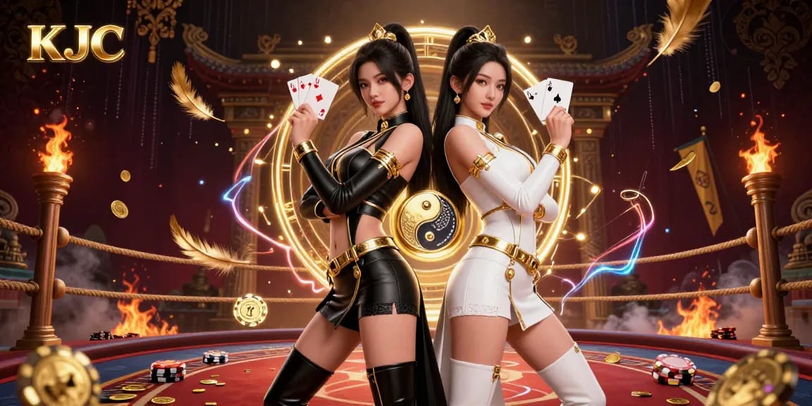 KJC showcases a powerful gaming duo in a dynamic casino scene with intricate details and vivid colors.
