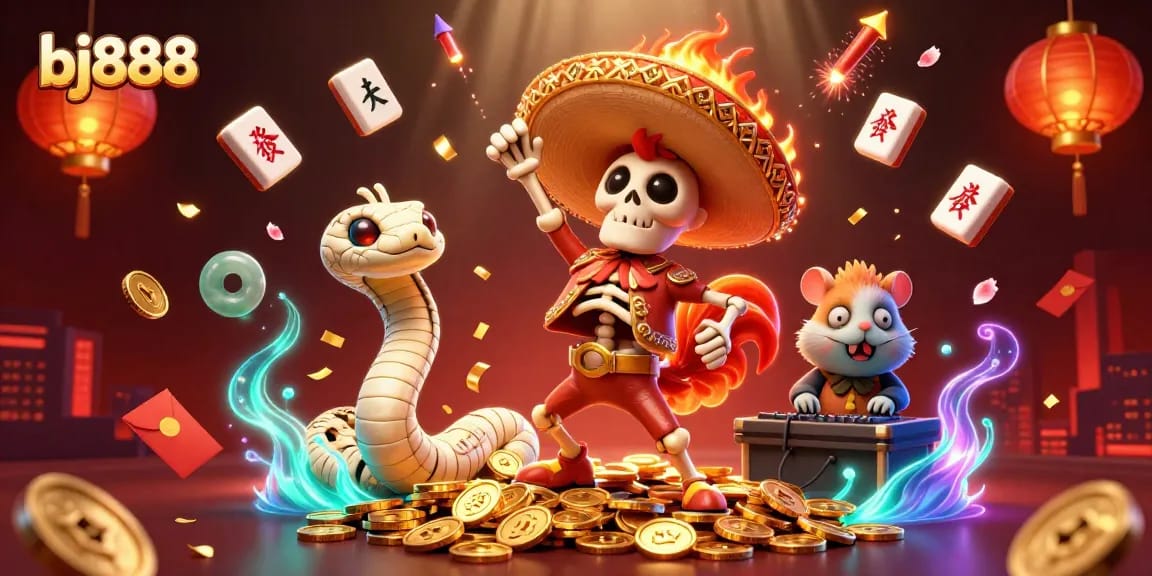 BJ888 showcases a festive cockfighting scene with a mariachi rooster dancing on gold coins surrounded by vibrant casino symbols.