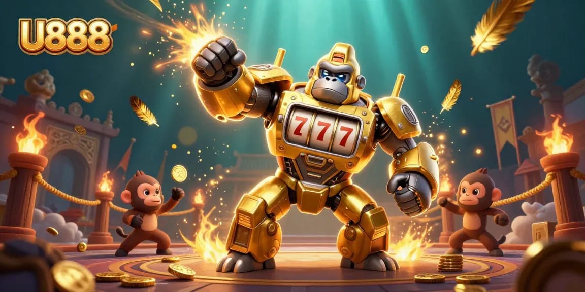 Engage with U888’s thrilling online casino games featuring a golden gorilla mech and exciting visuals.