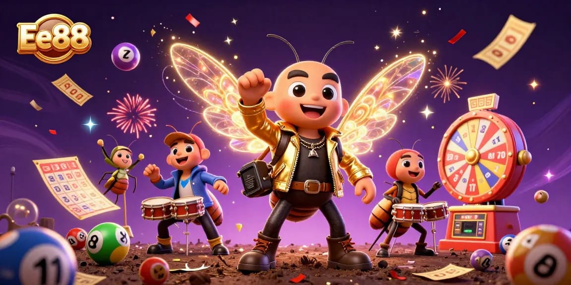 Engage with exciting gaming action at Ee88 featuring a vibrant 3D illustration of lively characters in a dynamic casino scene.
