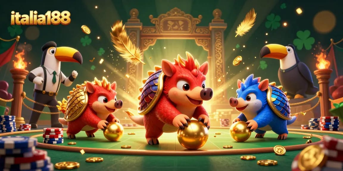 Italia188 menghadirkan pertarungan sengit dua pangolin bersenjata, dikelilingi koin emas dan efek grafik kasino.