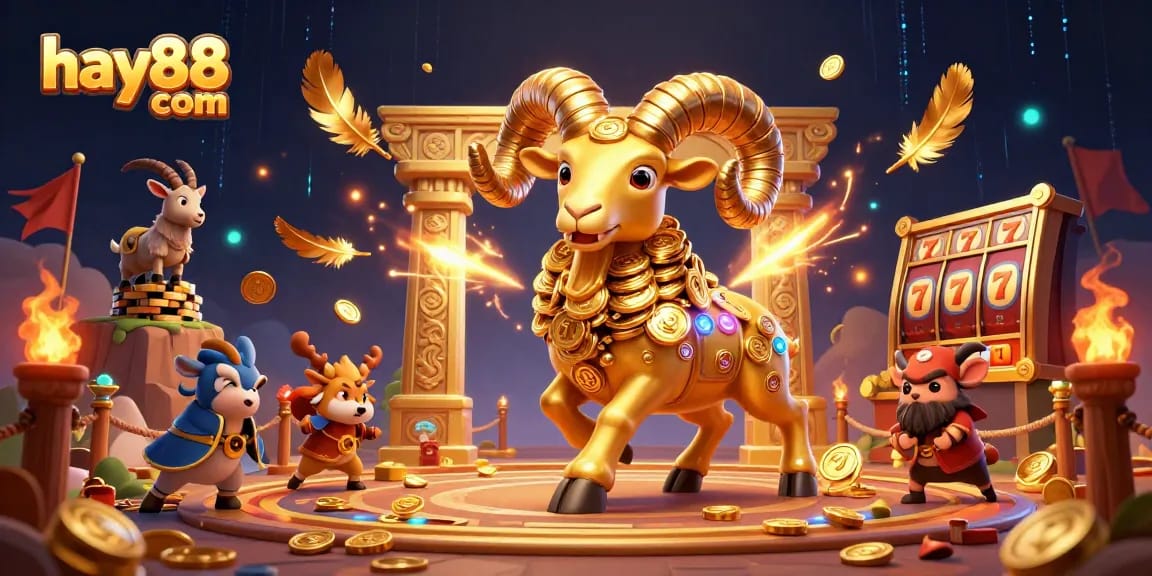 Engage with dynamic gaming action at hay88 com, featuring a golden ram and vibrant casino elements.