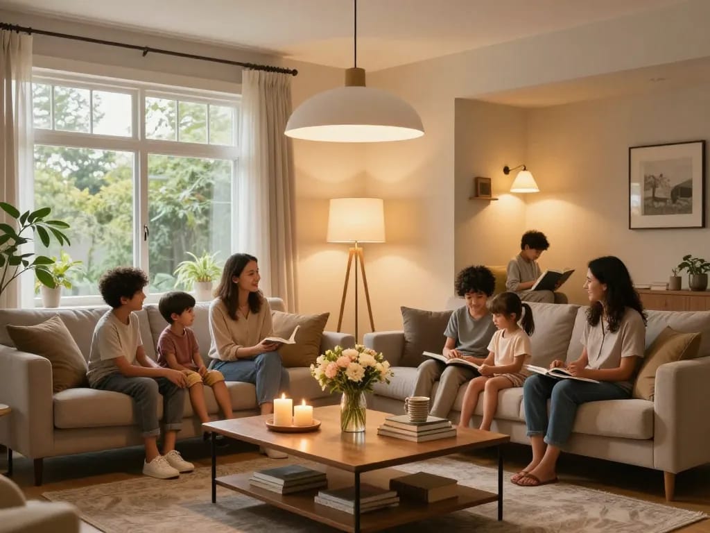Sala de estar familiar acogedora iluminada por lámparas elegantes de lamparas en línea, mostrando un ambiente con varios diseños de iluminación.