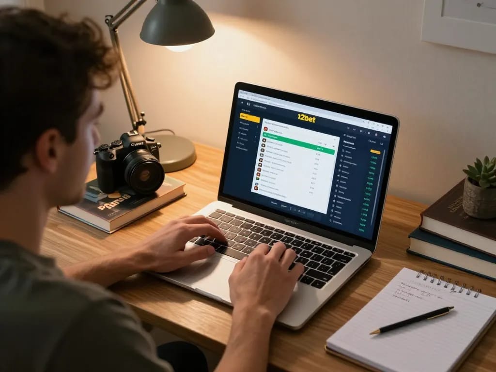 Tham gia với giao diện cá cược 12bet trên laptop trong một thiết lập ấm cúng tại nhà, nhấn mạnh việc đánh bạc có trách nhiệm.