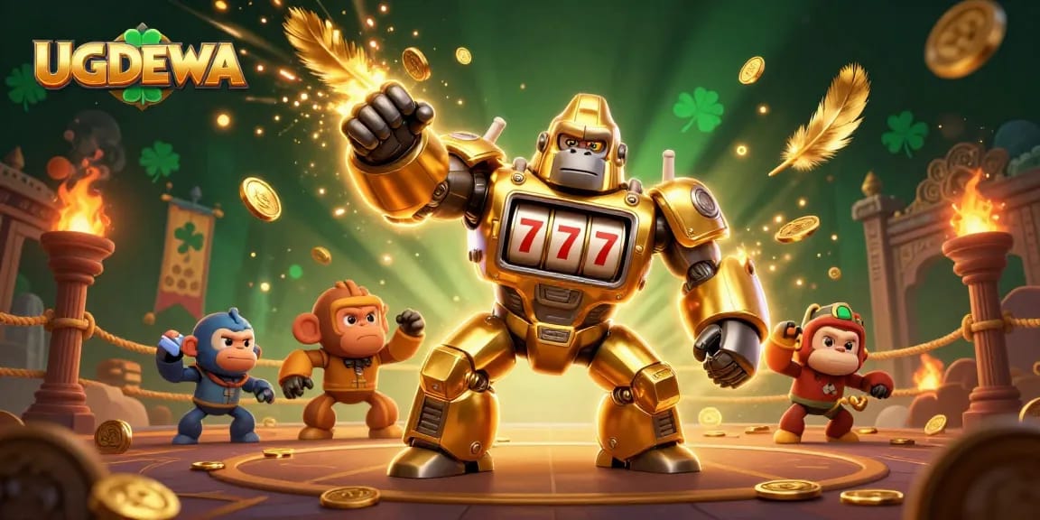 UGDEWA's engaging 3D illustration shows a golden mech gorilla celebrating slot wins with vibrant casino elements.