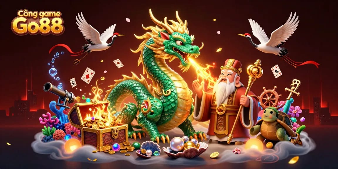 Experience Cổng game Go88 with a vibrant fantasy scene featuring a jade dragon, turtle sage, and lucky cranes.