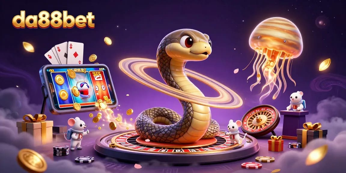 Experience winning at da88bet with a cosmic roulette and slot gaming scene, featuring tiny astronaut mice betting.