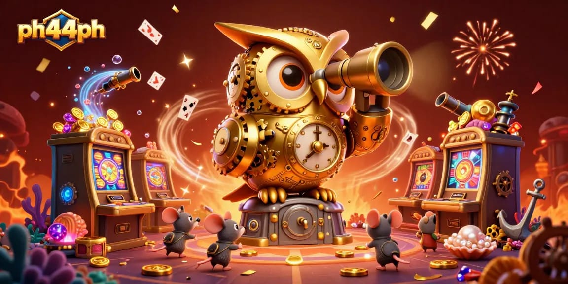 Experience the vibrant ph444ph casino with a whimsical golden owl and animated mouse patrons amid festive gaming action.