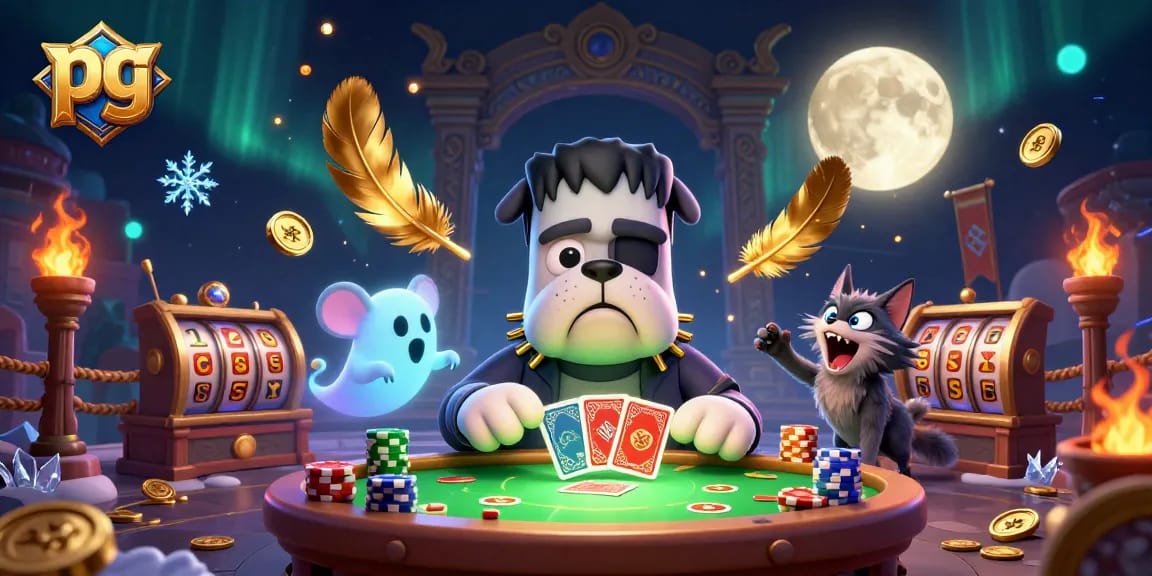 pg interactive casino scene with a Frankenstein bulldog and werewolf kitten creating a vibrant atmosphere