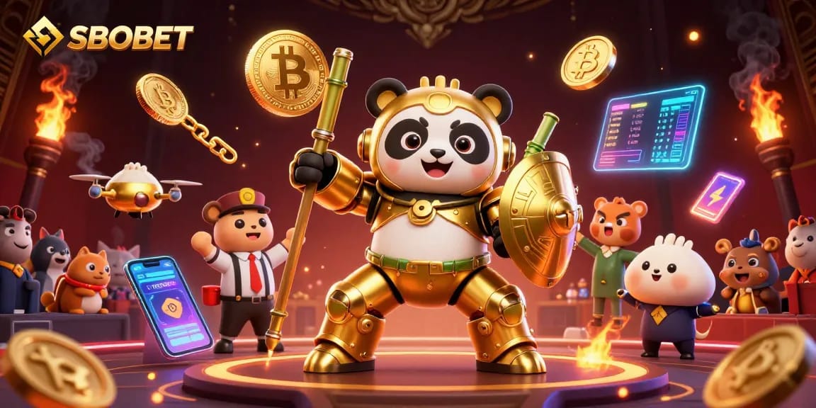 Engage with SBOBET's thrilling betting scene featuring dynamic crypto elements and vibrant 3D characters.
