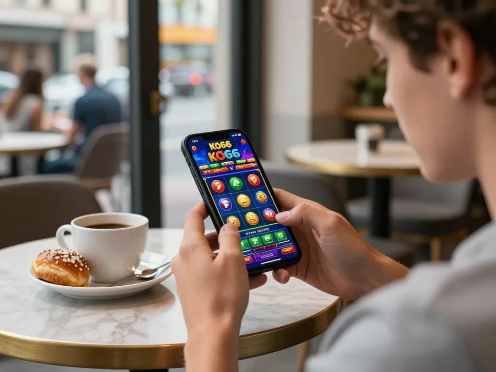 Khoảnh khắc chơi game di động thú vị với ứng dụng KO66 hiển thị trên điện thoại thông minh tại bàn cafe, với các biểu tượng slot sống động.