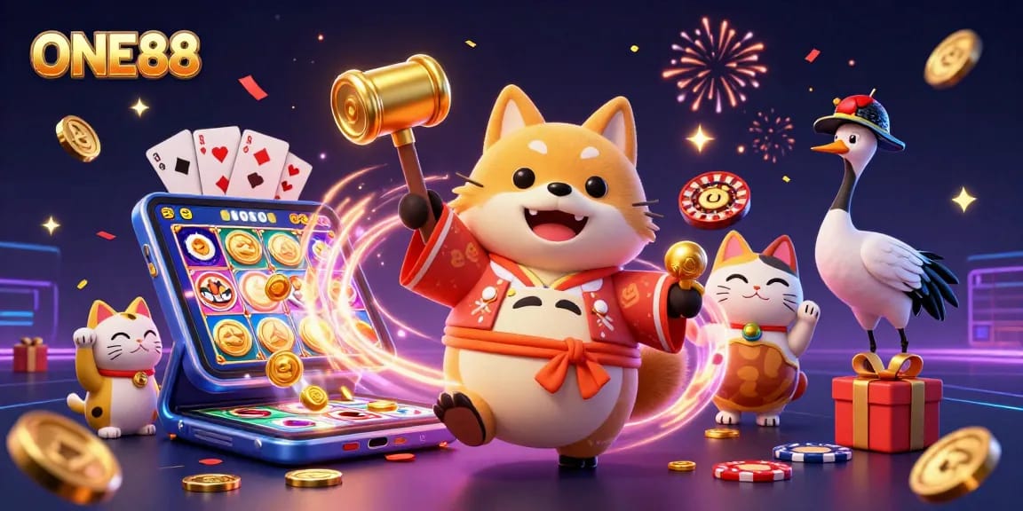 Engage in thrilling gameplay at ONE88 with dynamic scenes featuring festive characters and casino elements.
