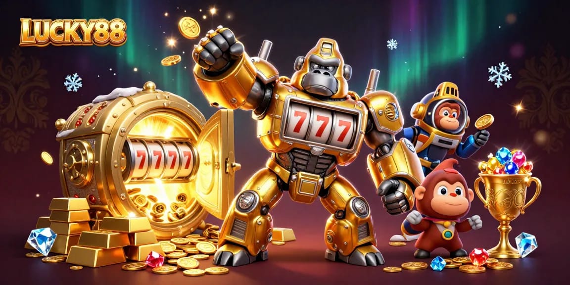 LUCKY88 features a golden gorilla mech showcasing spinning slot machine reels amid treasure bursts.