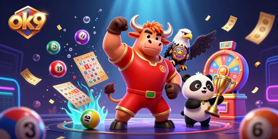 ok9 players celebrate wins with a vibrant 3D casino scene featuring a bull, eagle, and panda.