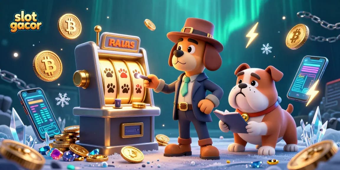 Engage in thrilling slot gacor adventures with a cartoon detective and bulldog as they unveil treasures.
