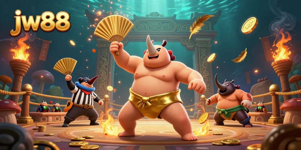Win big at jw88 with the epic battle of the sumo beetle, surrounded by gold coins and action!