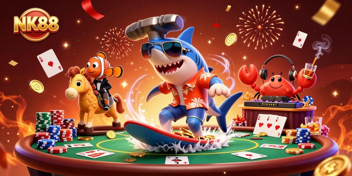Engage with the thrilling world of NK88, showcasing a fun 3D casino scene with vibrant characters and poker elements.