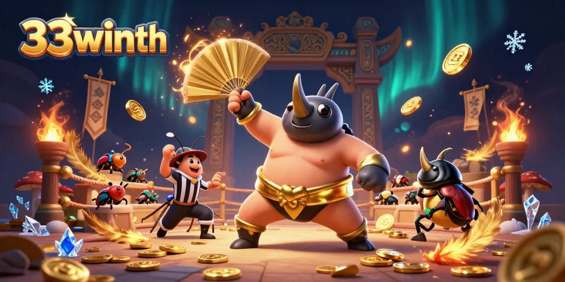 Experience the thrilling gameplay of 33winth as a rhinoceros beetle sumo champion stomps for golden coins.