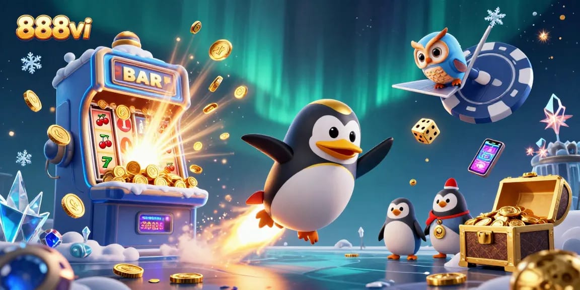 Experience thrilling wins at 888vi as the golden penguin rockets toward massive jackpots amidst vibrant casino elements.