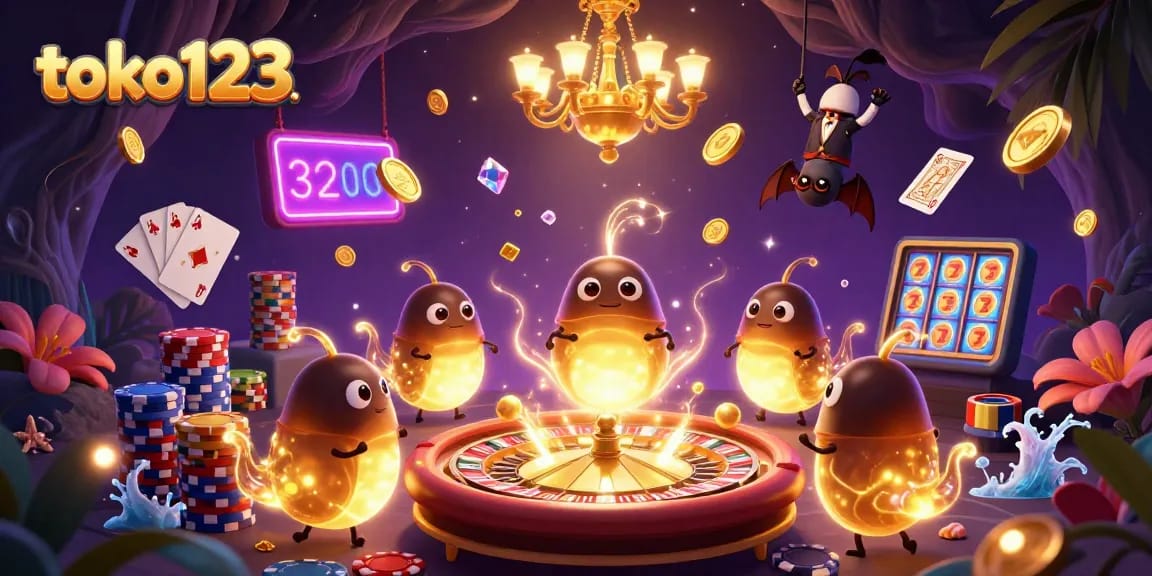 Engage with the vibrant casino scene at toko123, featuring cartoon glowworms and a bat dealer.