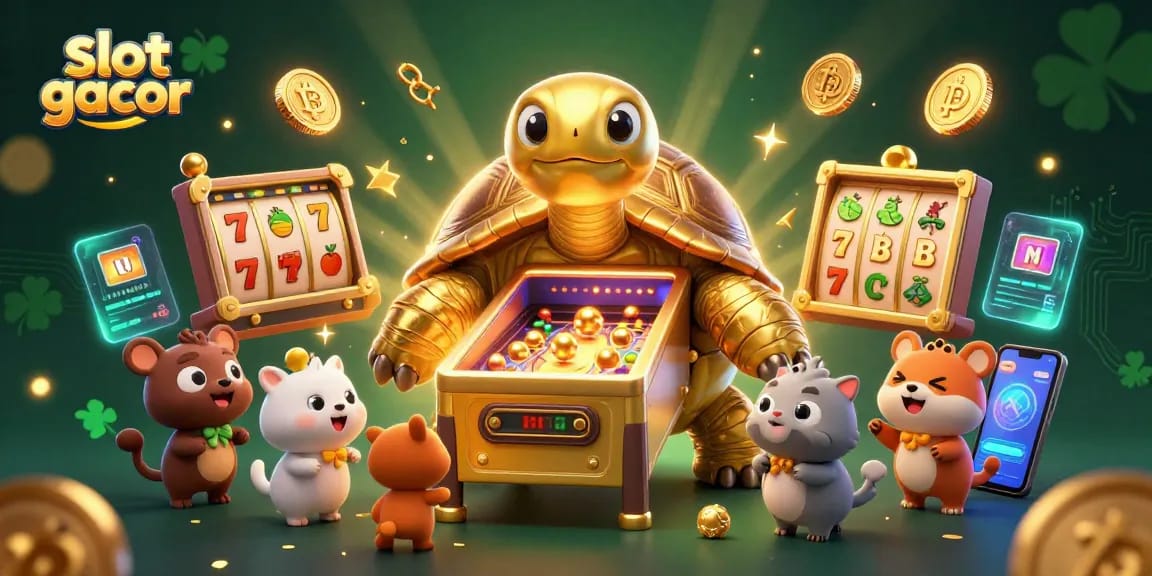 Experience the thrill of slot gacor with a golden tortoise pinball machine scene filled with excitement and fortune.