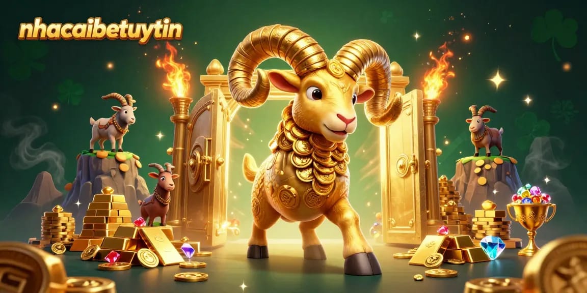 Bettors experience excitement with nhacaibetuytin's action-packed casino illustration featuring a golden ram and treasures.