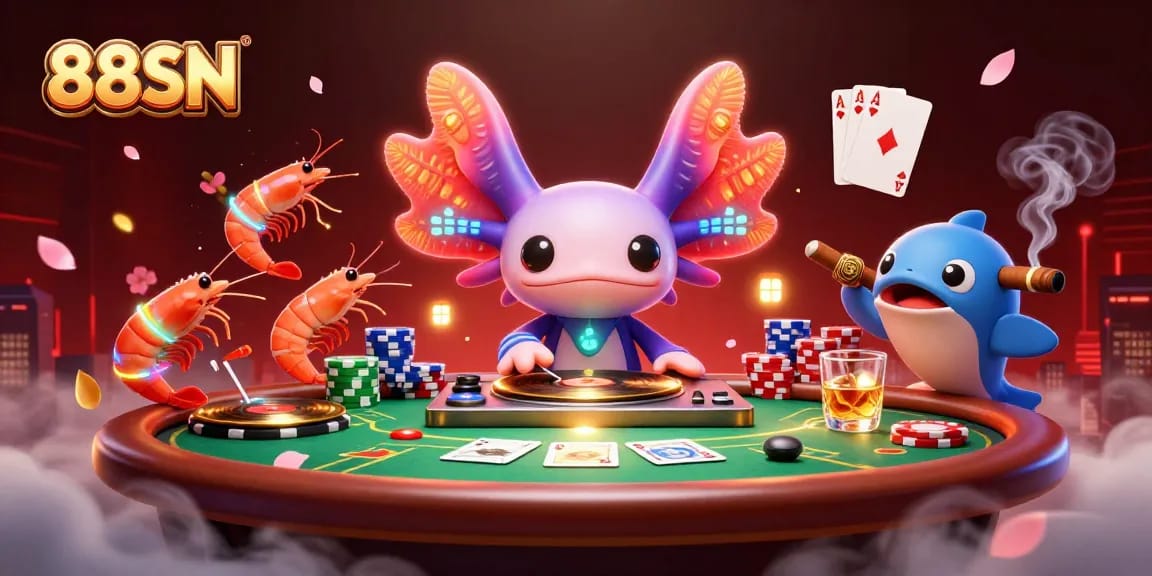 Join the action at 88SN, a vibrant online casino where a neon axolotl DJ spins records amidst rich gaming elements.