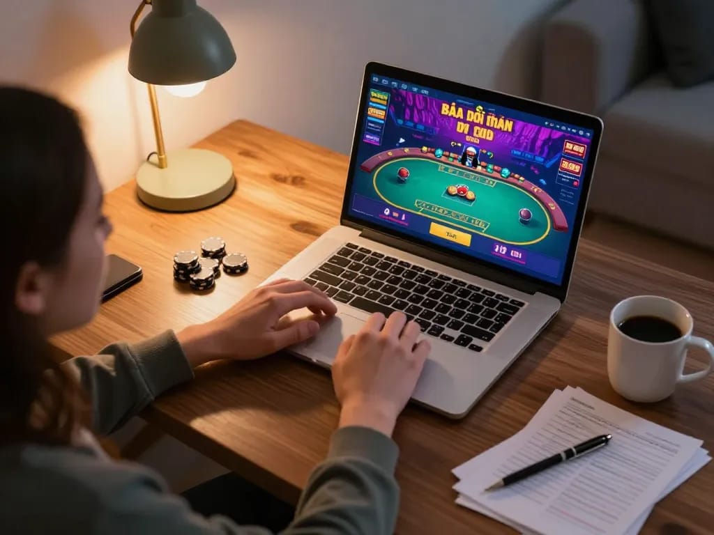 Engaging in game bài đổi thưởng with live dealer gameplay on laptop in cozy home setup.