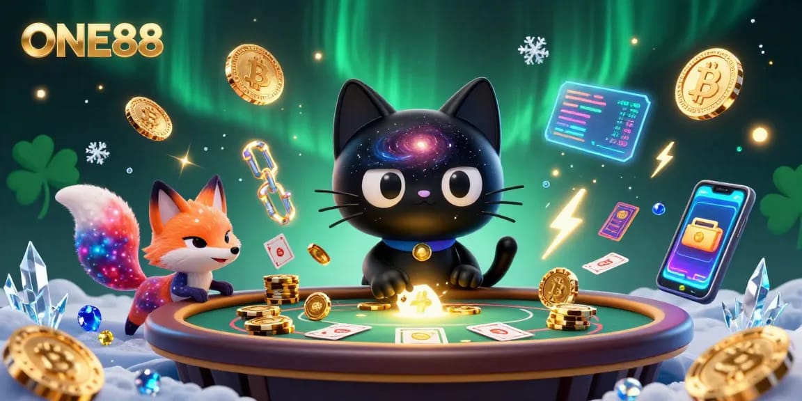 ONE88 showcases an engaging cosmic casino scene with a black hole cat and nebula fox attracting golden chips.