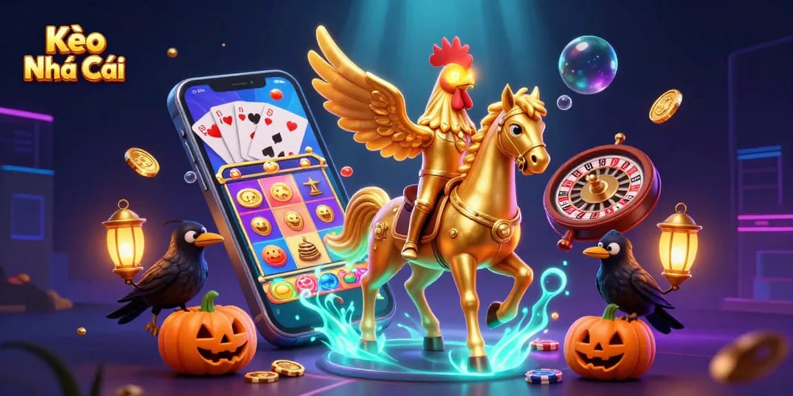 Kèo Nhà Cái showcases a stunning 3D illustration of a golden rooster horseman in a vibrant casino scene, enriching player excitement.