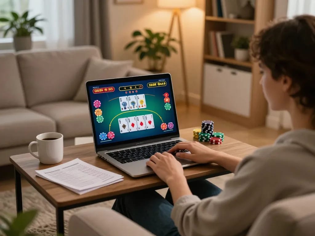 Engaging online blackjack gameplay with 11win on a laptop from a cozy living room setting.