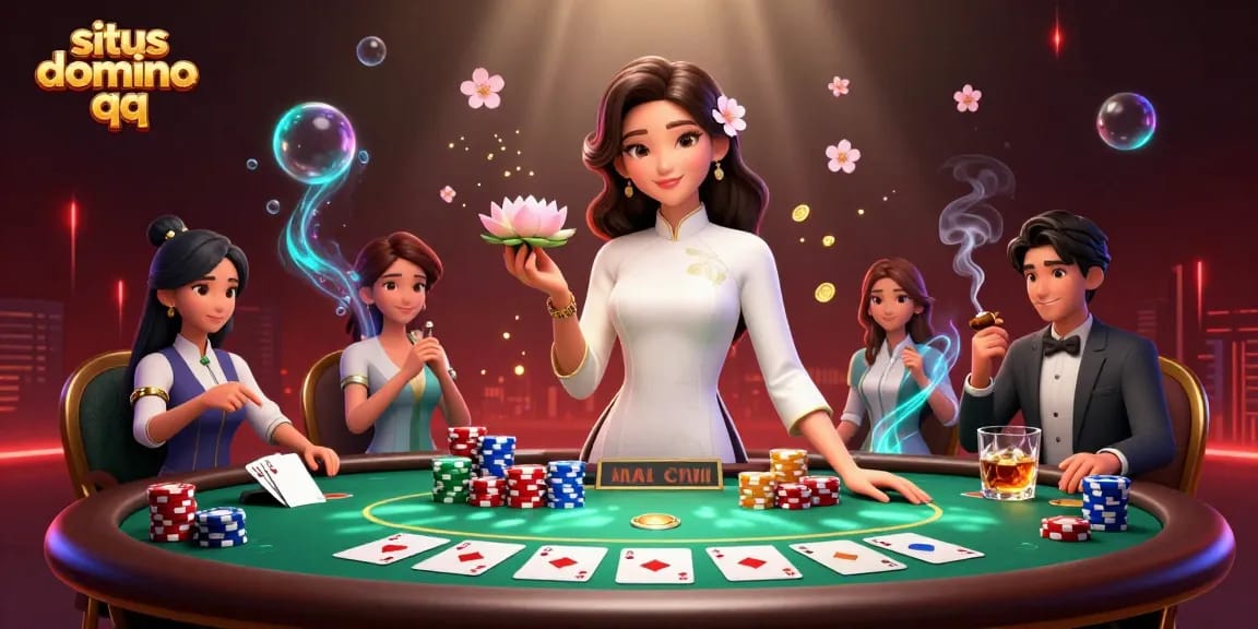 Experience the excitement at situs domino qq with a stunning 3D illustration showcasing poker and vibrant casino elements.