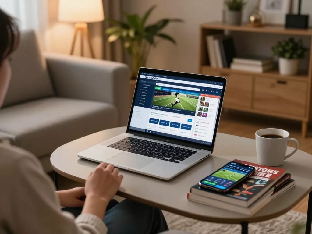 Okwintv sports betting interface displayed on a laptop during a relaxed home gaming session.