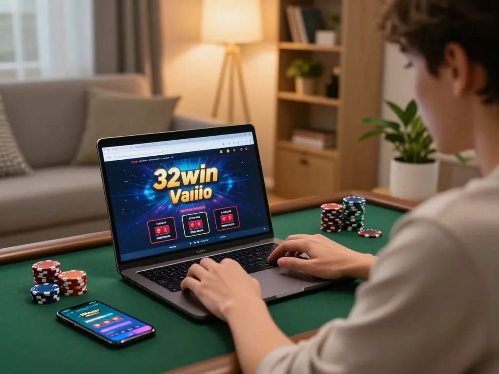 Player engaging with 32win's online casino from a cozy home setting, featuring a laptop, chips, and a betting app.
