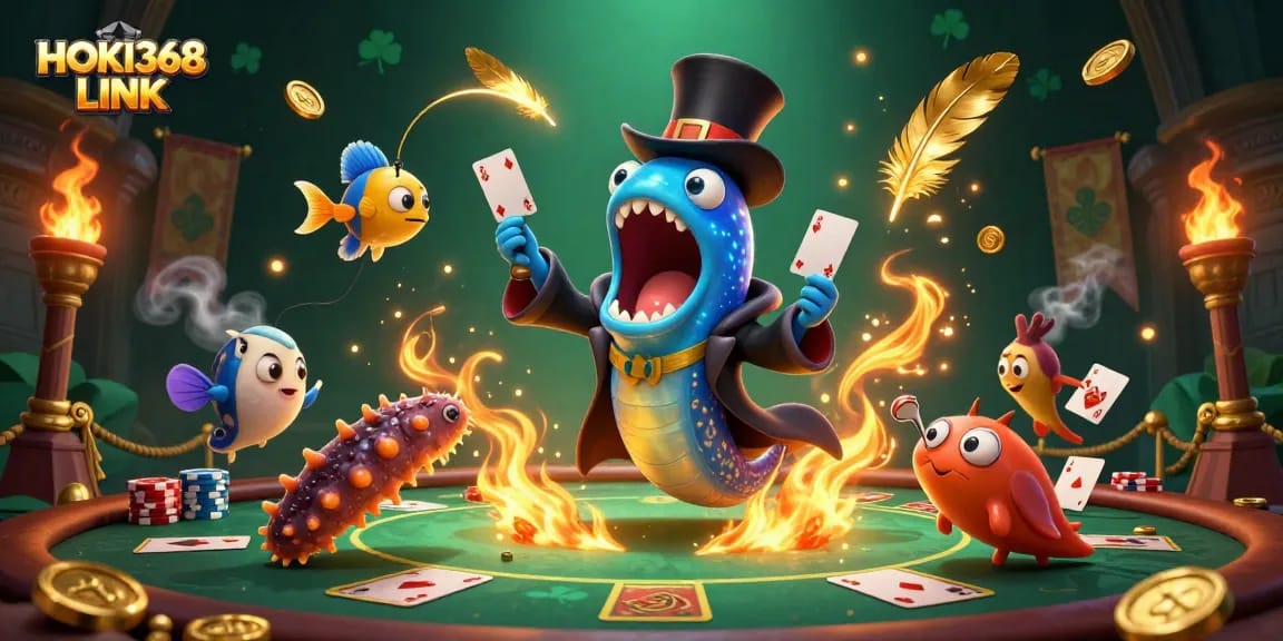 Experience thrilling card magic in a vibrant illustration featuring HOKI368 LINK, engaging with dynamic casino elements.
