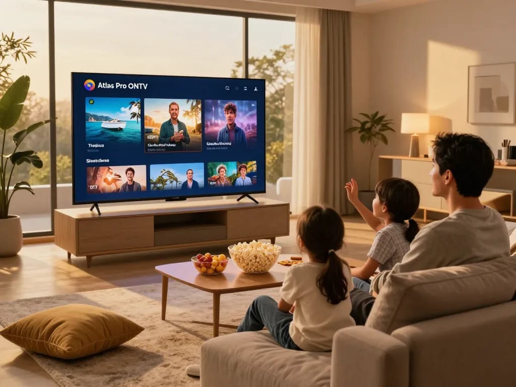 Famille profitant des services de streaming Atlas Pro ONTV dans un salon confortable