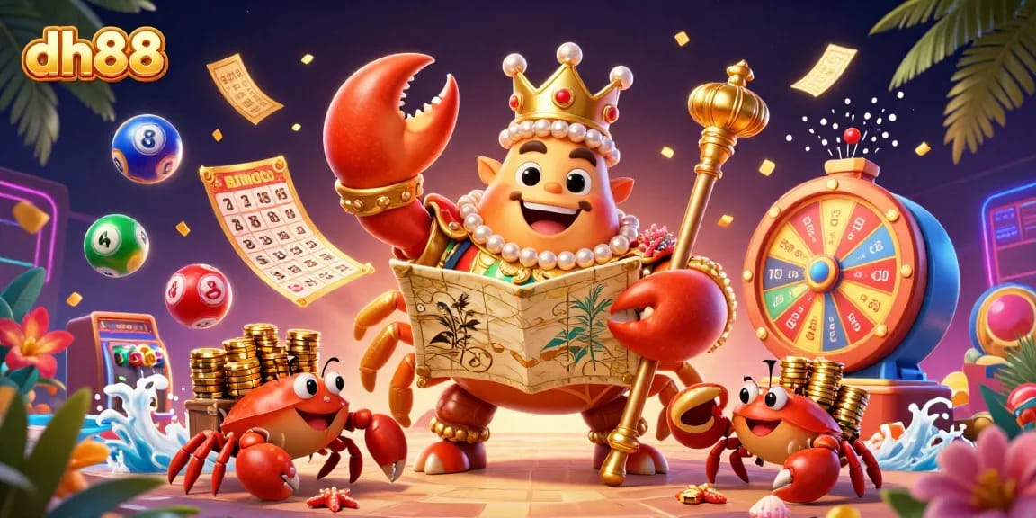 Engage with dh88's vibrant casino scene featuring a majestic crab emperor and golden chips.
