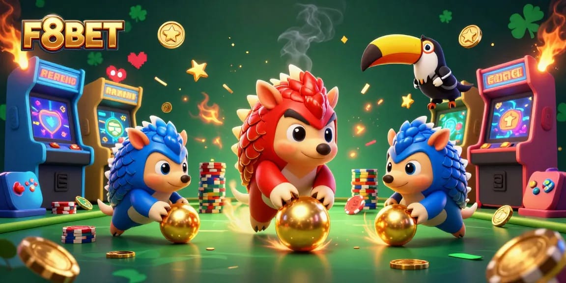 F8BET pangolins compete in an exciting casino scene filled with poker chips and vibrant animations.