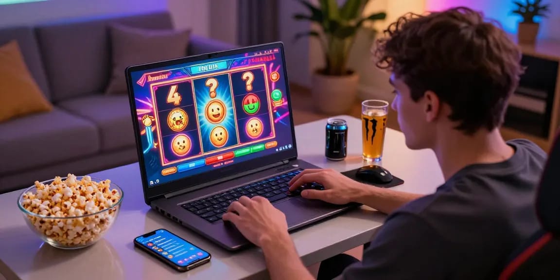 Engaging gaming experience with JPTOTO slot games on a laptop, showcasing vibrant graphics and a lively atmosphere.