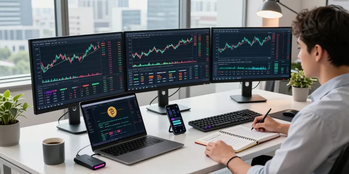 Flingeverx AI Bot in a professional crypto trading setup showcasing live trading charts and a digital wallet.
